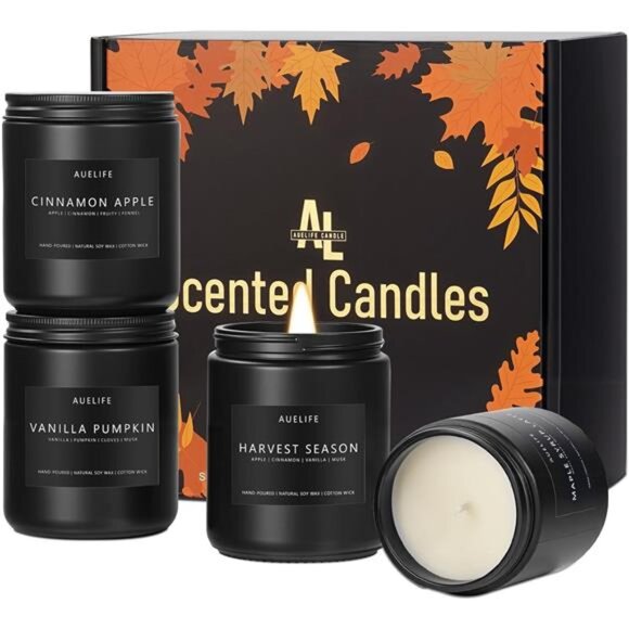 Fall Candles 4 Pack Soy Scented Candles Vanilla Pumpkin Cinnamon Apple Gift Set - Picture 1 of 8